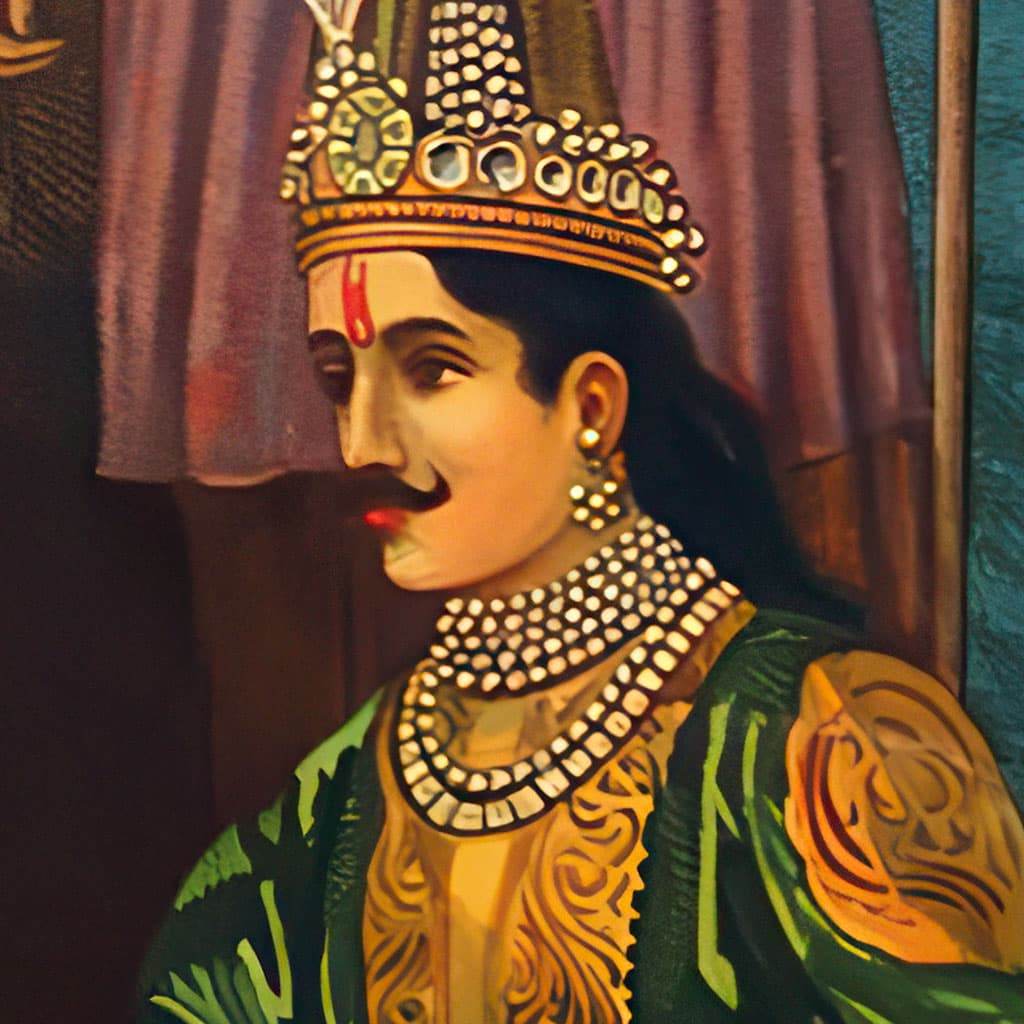 Arjuna, character in the Krishna Dharma Mahabharata companion: Drona's greatest student, publicly challenged by Karna at the exhibition.