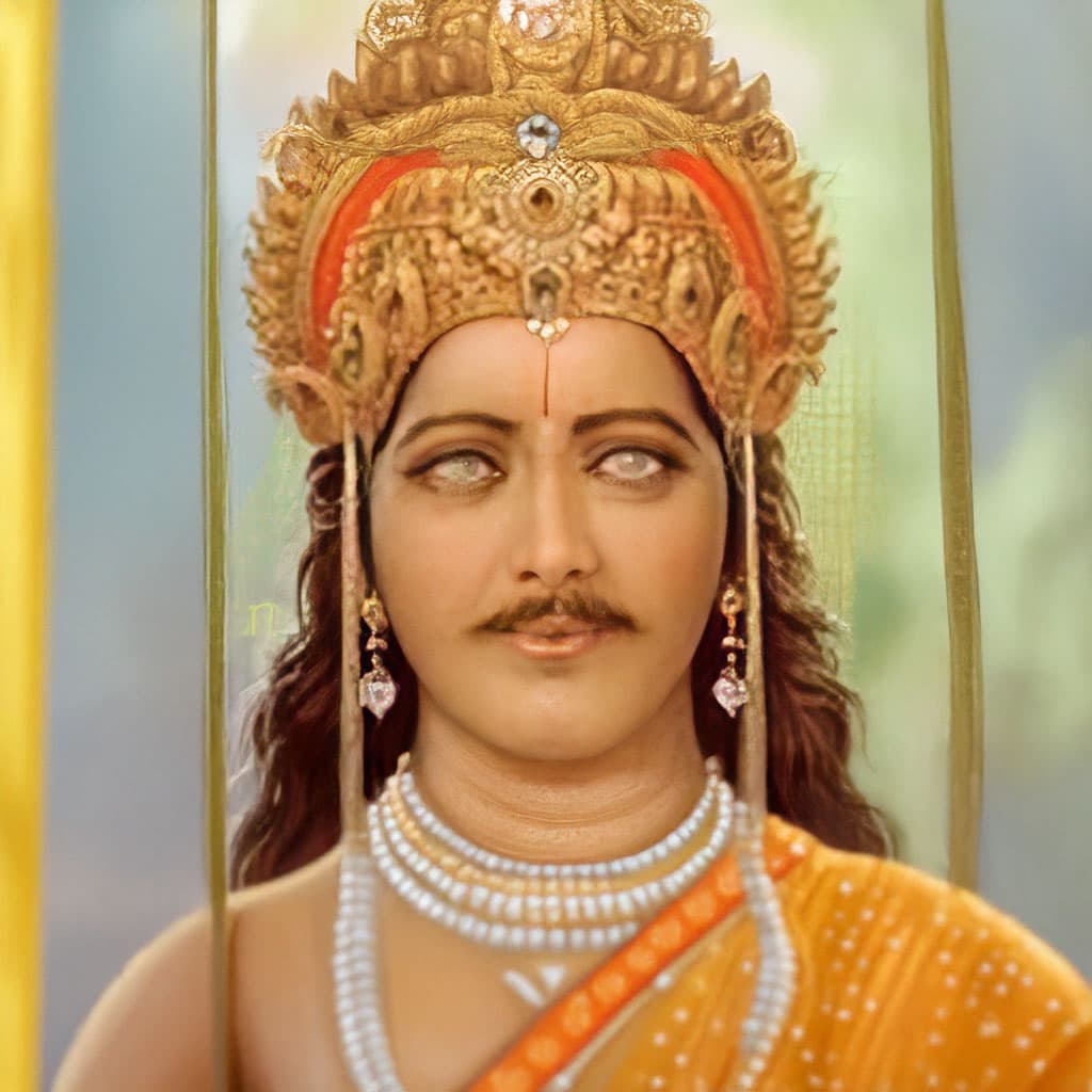 Dhrtarastra, character in the Krishna Dharma Mahabharata companion: Blind Kuru ruler who refuses to abandon Duryodhana despite Vidura's warning.