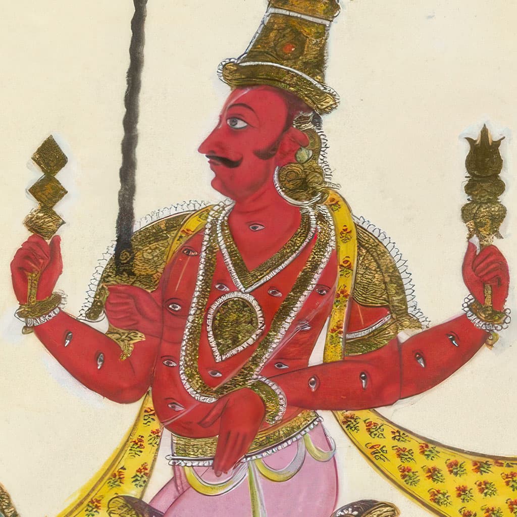 Indra, character in the Krishna Dharma Mahabharata companion: King of the gods; divine father of Arjuna.