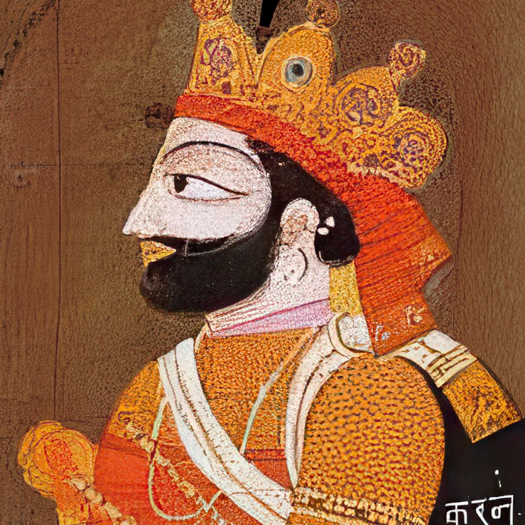 Karna, character in the Krishna Dharma Mahabharata companion: Warrior with natural armor and earrings; Kunti's hidden son and Duryodhana's new ally.